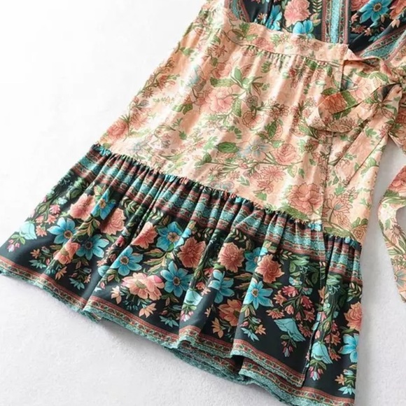 Boho Floral Gypsy Print 70’s Wrap Dress V Neck - Picture 7 of 9
